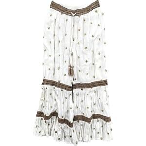 Boho Brazil Women's Size Medium Jute Woven Tiered Wide Leg Flare Pants White NWT